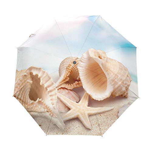 Preisvergleich Produktbild RELEESSS Reise-Regenschirm, faltbar, Strand, Seestern, Muschel, kompakt, winddicht, tragbar, Regenschirm für Damen und Herren, Unisex