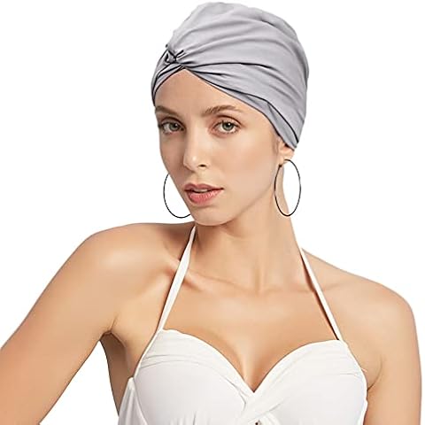 Women Swim Bathing Cap Pre-Tied Knot Swimming Cap Beanie Long Short Hair Non-Slip Elastic Pleated Swim Turban Wrap Soft Swim Cap Non-Waterproof for Swimmers Beginners (Light Gray) Cover