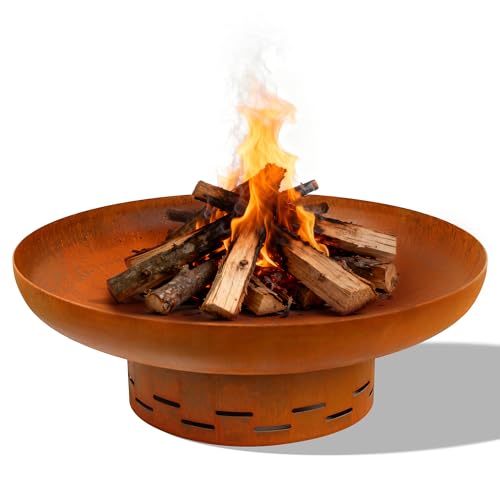 KOL 27.5 Inch Deep Round Pre-Rusted Fire Pit with Stand and Glove, Heavy-Duty Carbon Steel Fire Bowl...