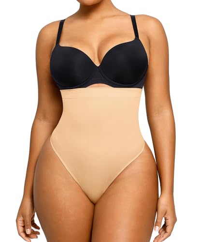 SHAPELLX Tummy Control Thong Shapewear for Women Seamless Shaping Thong Panties Body Shaper Underwear Brown