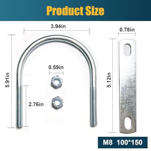 Image of 2 Sets M8 U-Bolt, 4 inch Wide U Bolt with Washers and Nuts, Heavy Duty Galvanized Carbon Steel Round U Bolts for Trailers, Boats, Replacement Parts and Accessories for Ski Boat, Fishing Boat