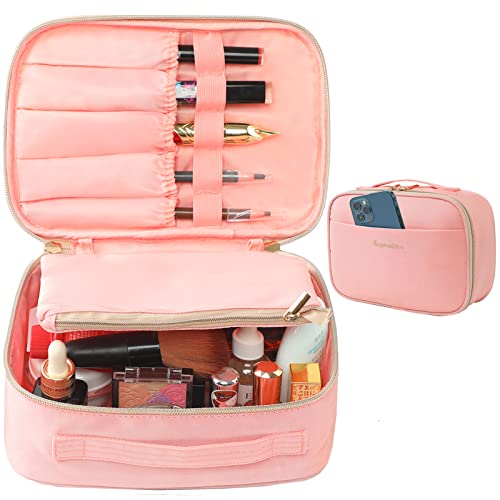 Makeup Bag Travel Cosmetic Bags for Women Girls 2-in-1 Zipper Pouch Toiletry Bag Organizer Waterproof Cute (Light Pink)