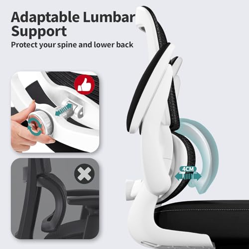 Image of TRALT Office Chair - Ergonomic Desk Chair with Adjustable Lumbar Support, Mesh Computer Chair, Executive Chair for Home Office Comfortable Lumbar Support (1, White+Black)