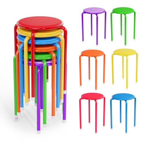 VINGLI 18 Inch Padded Stacking Stools, Colorful Portable Nesting Metal Round Stackable Stools Decoration for School Home Kitchen Indoor Outdoor Party, Pack of 6