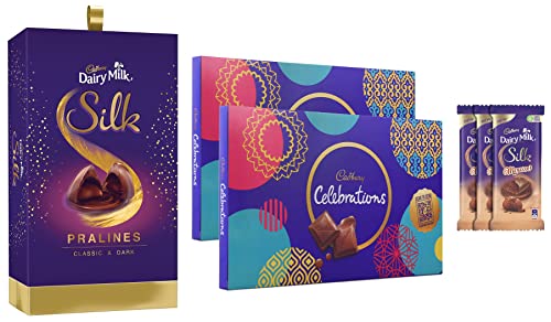 Image of Cadbury Celebrations Assorted Chocolate Gift Pack, 183.6g - Pack of 2 & Dairy Milk Silk Pralines Chocolate Gift Box, 264g & Dairy Milk Silk Mousse Chocolate Bar, 3 x 116 g
