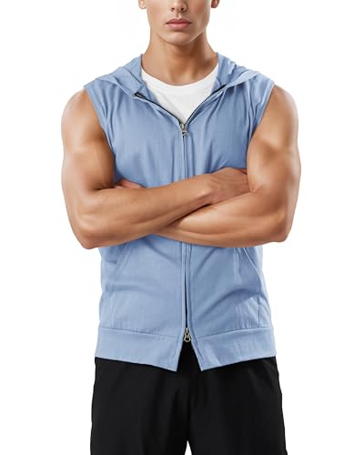 Ohoo Men's Slim Fit Workout Hooded Tank Tops Two Way Zip Up Sleeveless Gym Shirts Bodybuilding Hoodies 100% Cotton3