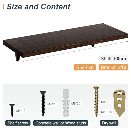 Image of SKYSEN Floating Shelves for Wall Set of 6, 23.6in Wood Wall Shelf for Decor, Bathroom, Bedroom, Storage, Book,Kitchen, Living Room - Dark Brown(fs-60-d)