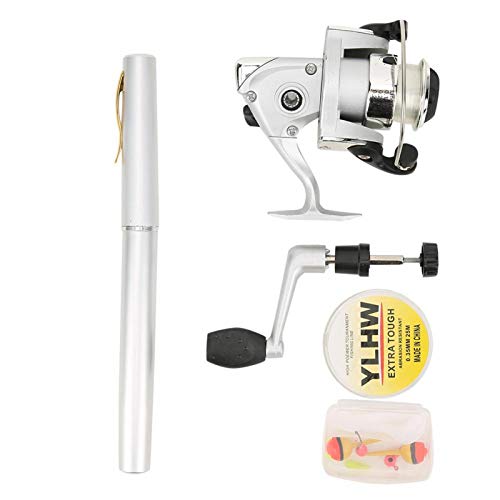 Eddwiin - Vara de pesca com caneta, mini cana de pesca de bolso, conjunto de canas de pesca de viagem, cana de pesca de bolso multifuncional com carretel de linha (prata)
