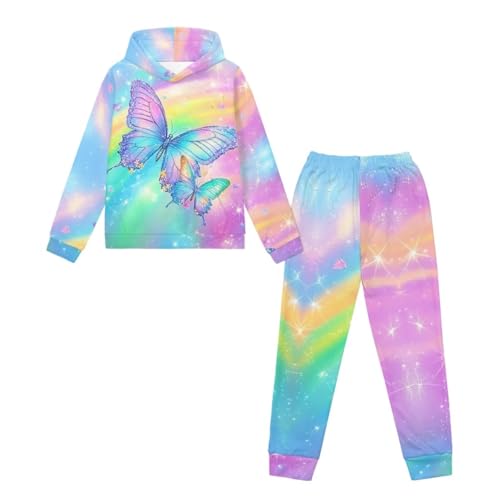 Frymappies Little Girls Butterfly Sweatsuit Size 7-8 Kids Rainbow Tie Dye Novelty Long Sleeve Hooded Sweatshirt and Sweatpants Sets Fashion Fall 2 Piece Outfits Jogging Pants Sets Activewear