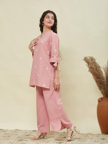 Image of Girls Floral Embroidered Kurta and Palazzo Pants Co-ord Set with V Neck Elegant Traditional Outfit for Festive and Functions
