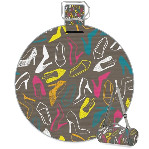 Shimoshe Watercolor High Heels Picnic Outdoor Blanket Foldable Waterproof Sandproof Beach Blanket Portable Water-Resistant Round Picnic Mat for Travel Camping Park Lawn