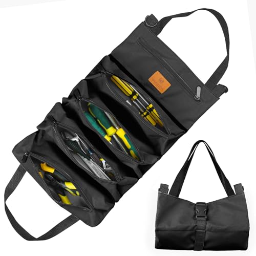 Sinand Bolsa herramientas, bolsa de lona para llaves inglesas, caja de herramientas con 5 bolsillos con cremallera, ideal para fontaneros y electricistas (Negro)