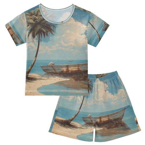 ALAZA Vintage Topical Tree Boat Beach Pajama Set Short Sleeve Sleepwear Soft Lounge Nightwear