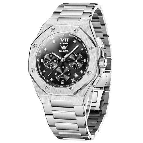 OLEVS Mens Silver Watch Multifunctional Chronograph Dial Stainless Steel Watches for Mens Cool Roman Numerals Silver and Black Men Metal Watches Water Resistance Quartz Man Formal Watch Reloj Men - image 1