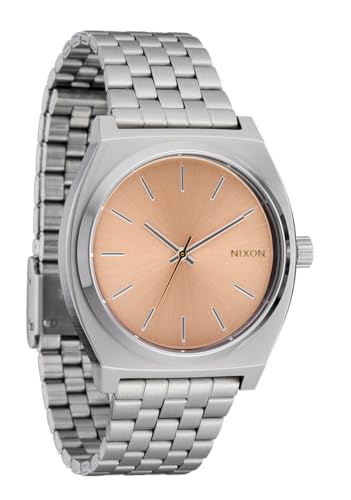 Image of NIXON Time Teller A045 - 100m Water Resistant Men's Analog Fashion Watch (37mm Watch Face, 19.5mm-18mm Stainless Steel Band), Silver /Coral, Time Teller