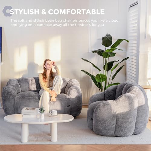 Image of MAXYOYO Bean Bag Chair for Adults, Floral Shaped Bean Bag Sofa, Ultra Soft Faux Fur Floor Sofa, Large Reading Chair for Living Room Bedroom, Dark Grey, Single