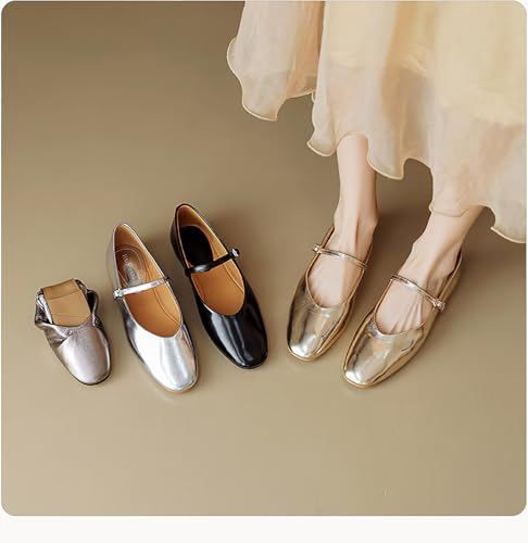 Leather Mary Jane Flats Shoes for Women Closed Round Toe Ballet Flats with Buckle Strap Comfort Walking Work Shoes Gold2