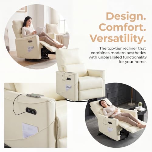 Image of Leather Power Swivel Rocking Recliner Chair, Electric Lazy Boy Reclining with Home Theater Seating, 360 Swivel Oversized Recliner Chair for Living Room, Bedroom, Reading, Beige
