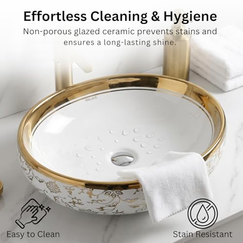 Image of Wallace Premium Countertop Wash Basin 60x40x15 cm | Oval Ceramic Table Top Sink |Interior with Gold Pattern | Luxury Designer Vanity Wash Bowl (White)