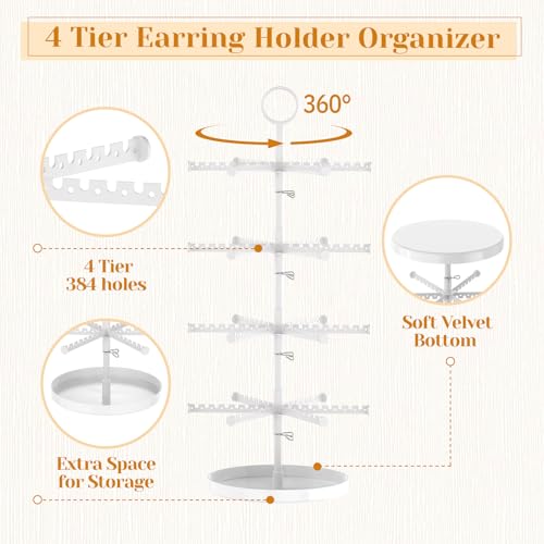 Image of MODOWEY 4 Tier Metal Rotating Earring Holder Organizer Stand Adjustable Display Tree for Women, 384 Holes and Grooves Rack Tower for Pierced Dangle, Large Capacity Space-Saving Jewelry Hanger, White
