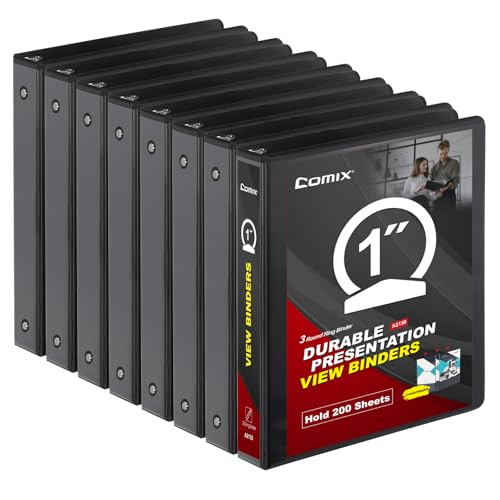 Image of COMIX Sturdy 3 Ring Binder 1 Inch with Clear View Cover | 1 inchRound Ring Design,PVC-Free Material,Holds 200 Sheets,Fits US Letter 8.5x11 Paper,Office & School,Home Use,8 Pack (Black)
