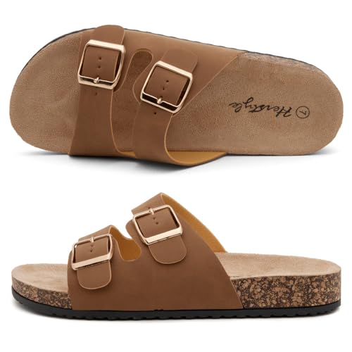 Image of Herstyle Womens Cork Footbed Slides for Women, Double Strap Flat Sandals, Adjustable Buckle Comfort Slip On Shoes, Summer Beach Casual Walking Slippers