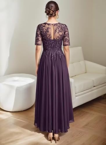 Tea Length Mother of The Bride Dresses for Wedding Sequin Lace Applique Short Sleeve Wedding Guest Dresses for Women2