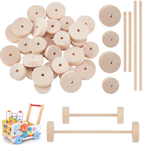 Pamtns 80 Piezas Ruedas de Madera Sin Pintar con Palos de Madera Discos Redondos Madera Ruedas de Madera Sin Terminar con Agujeros Palillos de...