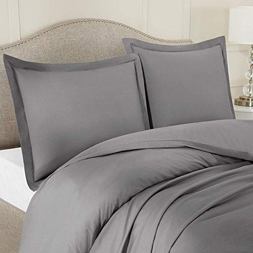 LUXURIOUS BEDDING UK Single Size 800 Thread Count Egyptian Cotton 11" Inch Deep Pocket Zipper Closure 3 PC Duvet Cover Set with Fitted Sheet Elephant Grey Solid
