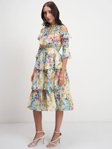 Image of Tokyo Talkies Women's Graceful Floral Ruffle Short Dress with Elegant Elbow-Below Sleeves Perfect for Brunches, Vacations & Stylish Outings