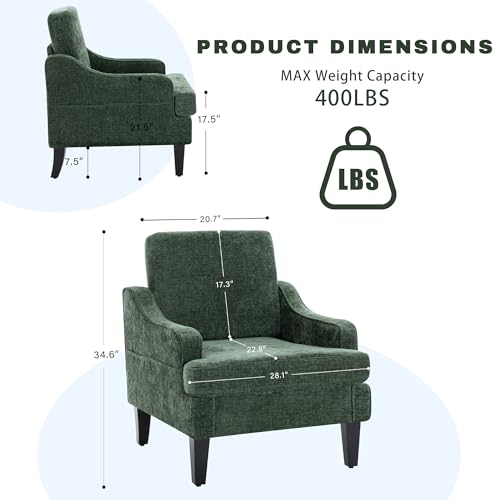 Image of Accent Chair for Living Room,Mid-Century Arm Chair Chenille Fabric Living Room Chairs,Upholstered Reading Chair for Bedroom,Single Sofa Chair with Wood Legs for Apartment (Green)