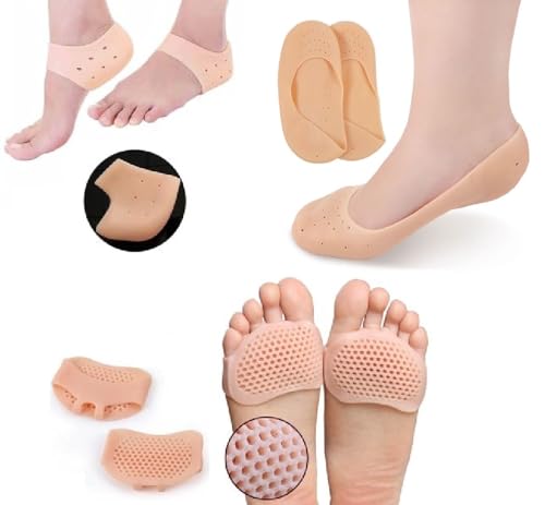 DJ FINDER Silicon Gel Heel Pad Socks For Pain Relief Anti Crack Silicone Socks For Women Silicone Heel Pad For Feet Cushions For Bone Spurs, Silicone Foot-Care Combo Of 3 Pair (Foot+Toe+Heel),Beige