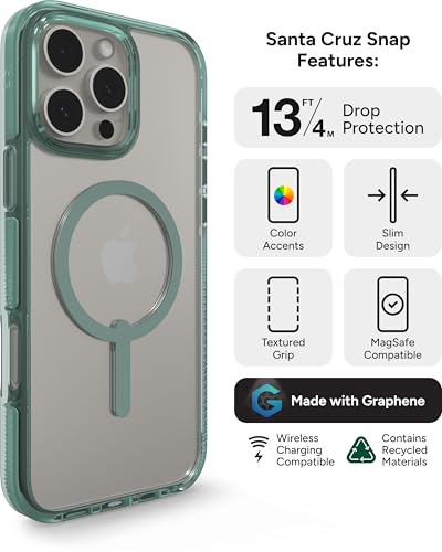 Image of ZAGG Santa Cruz Snap Case for iPhone 16 Pro Max - MagSafe Compatible, 13ft Military-Grade Drop Protection, Graphene Reinforced, Lightweight, 70% Recycled Content, Clear with Color Accents, Green