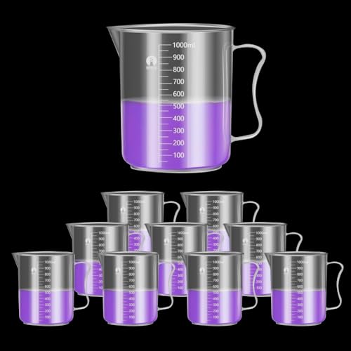 Image of Measuring Jugs, Plastic Food Grade Liquid Measuring Cups Molded Graduations - Chemical Resistant, Autoclavable - Handle for Convenient Lifting (10, 1000ml)