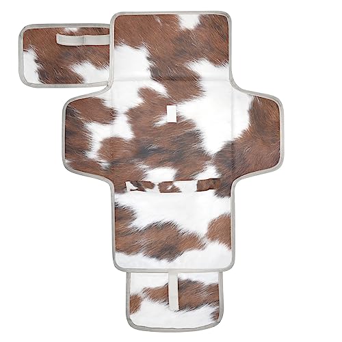 Image of WELLDAY White Brown Print Cow Baby Changing Pad - Waterproof Diaper Changing Pad with Built-in Pillow - Portable Travel Changing Mat for Newborn Girl & Boy