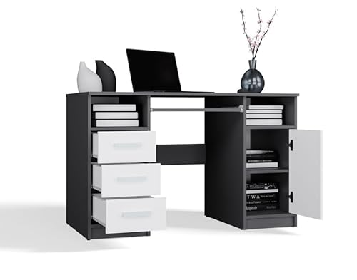 BDW Scrivania Delta con 3 cassetti e 1 armadio, 120 x 75 x 60 cm, ripiano per tastiera, Biruo, cameretta dei bambini, soggiorno (antracite/bianco)