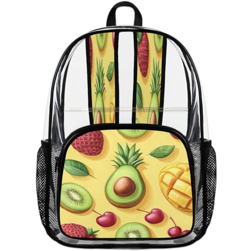 Strawberry Cherry Mangos Clear Backpack for Stadium Events, Funny Fruit Waterproof Clear Bag for Women Men Adult Sport Work Daily Music Festival and Concerts4