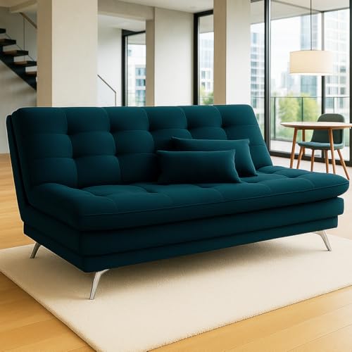 Image of FURNY Eagel 3 Seater Fabric Sofa Cum Bed with 2 Cushions (Greenish Teal) with Velvet Fabric | Durable with Comfort | Perfect for Living Room, Bedrooms, Offices