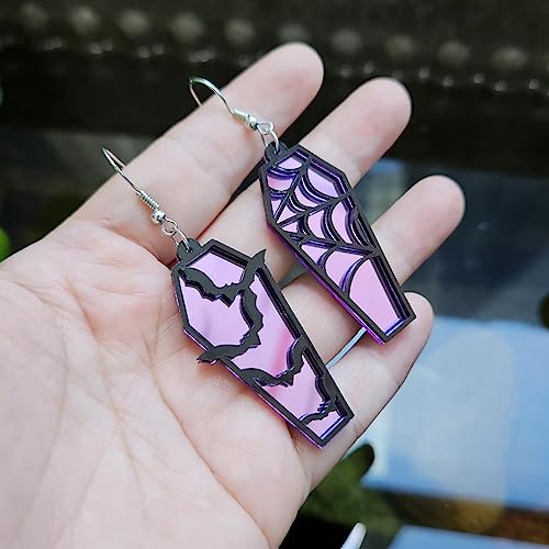 Halloween Coffin Mirror Asymmetric Hook Hoop Earrings Acrylic Bat Spider Web Horror Casket Dangle Drop Earring Punk Jewelry Gifts for Women Bff3
