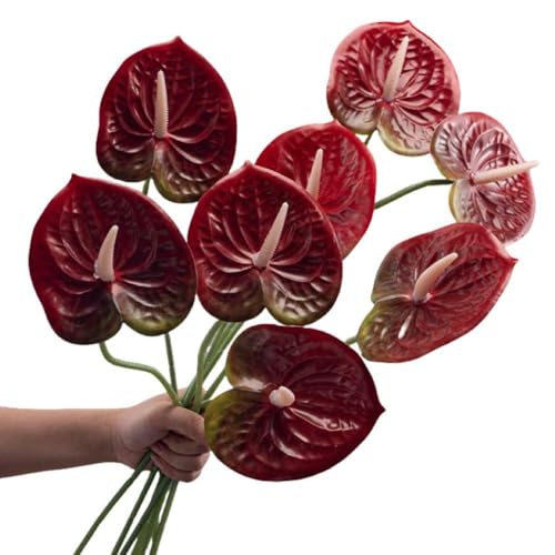 Corkwaw 8 Pcs 23-5/8 inch Artificial Anthurium Flowers Real Touch Fake Flower for Table Centerpieces Arrangement and Bridal Wedding Festival Decor Flower Arrangement (Deep Red)
