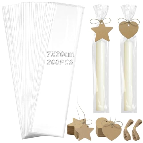 TXXATX 200 sacos de celofane transparente 7 x 30 cm com 200 etiquetas papel kraft e 40 m corda para velas, doces, bolachas, casamentos, festas