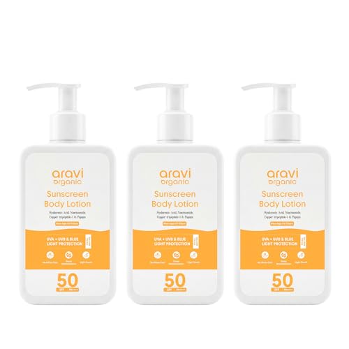 Image of Aravi Organic Oil-Free Sunscreen Body Lotion SPF 50 PA++++ With New-Age UV Filters | (In-Vivo) Dermatologically Tested | Hydrating, Lightweight & No White Cast | UVA /UVB & Blue Light Protection | Niacinamide & Hyaluronic Acid | Sunscreen For Oily & Dry Skin | Pack Of 3