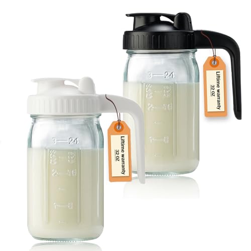 Image of 32oz Glass Pitcher with Lid & V-shaped Pour Spout - 1 Quart Double Leak Proof, Creamer Container for Sun Tea, Juice, Cold Brew Coffee, Breastmilk Storage Container