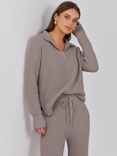 ANRABESS Women Two Piece Outfits Sweater Sets Lounge Waffle Knit Pullover Matching Wide Leg Pants Tracksuit 2025 Fall Fashion3