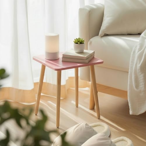 Image of FORAOFUR Small Accent Table, Modern Mini Coffee Table with Natural Wood Legs, Quick Assembly End Furniture for Bedroom Living Area Sofa, Minimalist Design for Nuresery and Compact Homes, Pink
