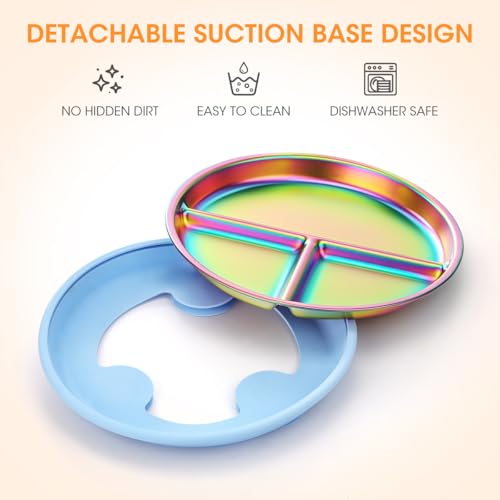AIEVE Stainless Steel Kids Dinnerware Plates with Suction,2 Pack Round Divided Toddler Plates 9 inch with Removable Silicone Suction