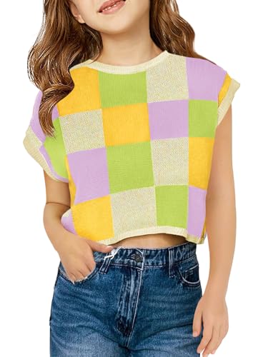 Image of Haloumoning Girls Summer Crop Tops Color Block Vest Cute Tanks Cap Sleeve Tee Loose Kids Knit Top 5-14 Years