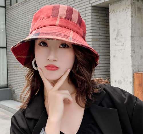 Ruinuo Womens Plaid Bucket Hat Sun Hat For Spring Summer Autumn Travel Velvet Tartan Packable Bucket Hats Red #TOP1
