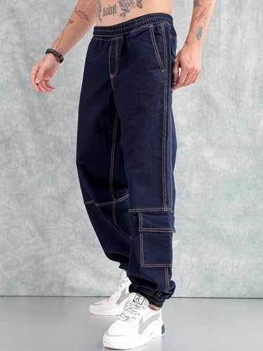Image of The Indian Garage Co Men Loose Fit Solid Mid-Rise Stretchable Denim Joggers