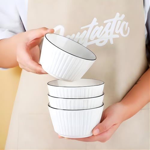 Image of Elegant White Ceramic Dessert Bowls with Black Rim - Set of 2, Ribbed Design, Perfect for Ice Cream, Desserts, Snacks, and More (2 Round Bowls)